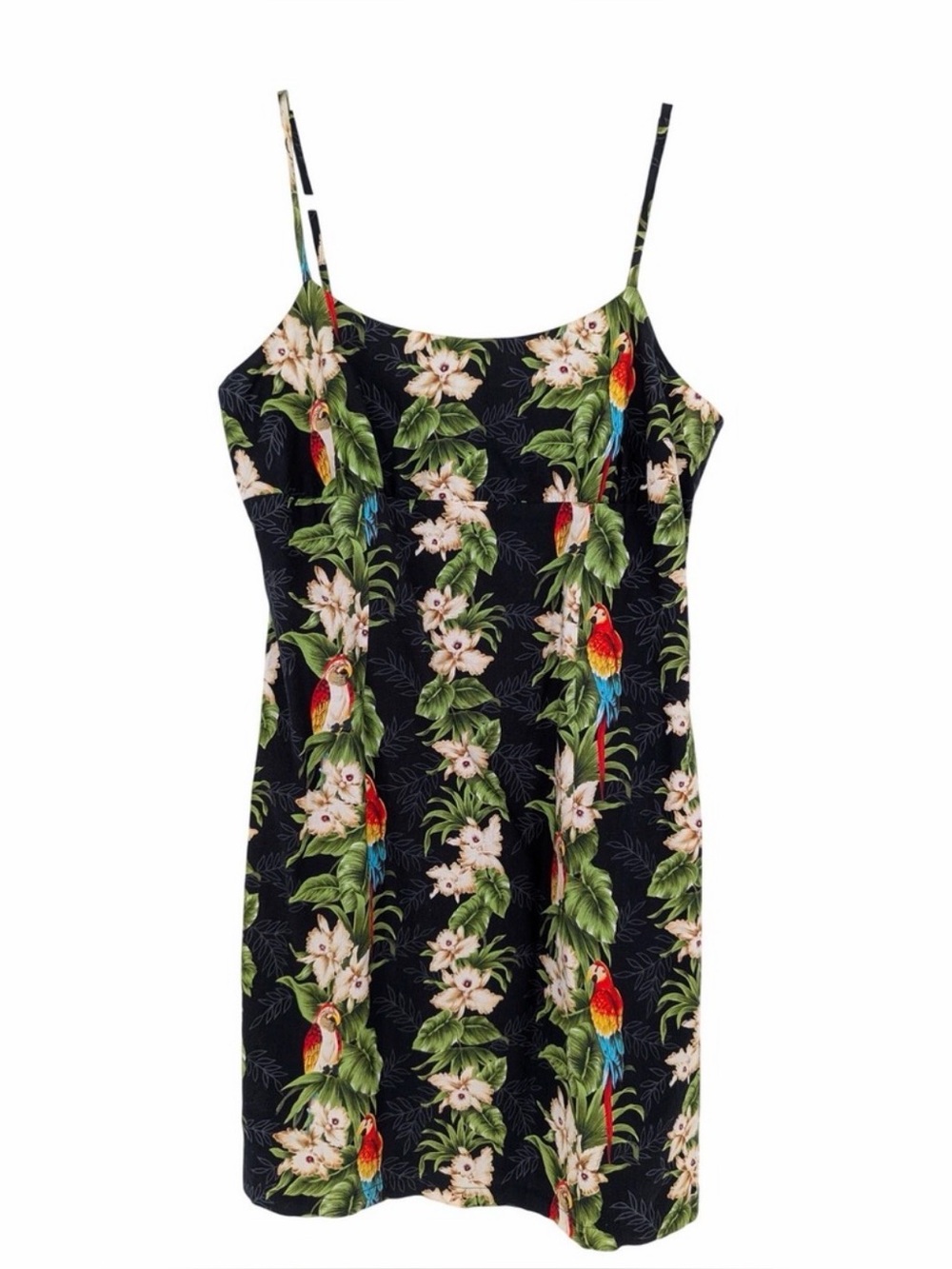Ho Aloha Mini Dress Womens XL Black Tropical Parrot Floral Rockabilly Hawaiian